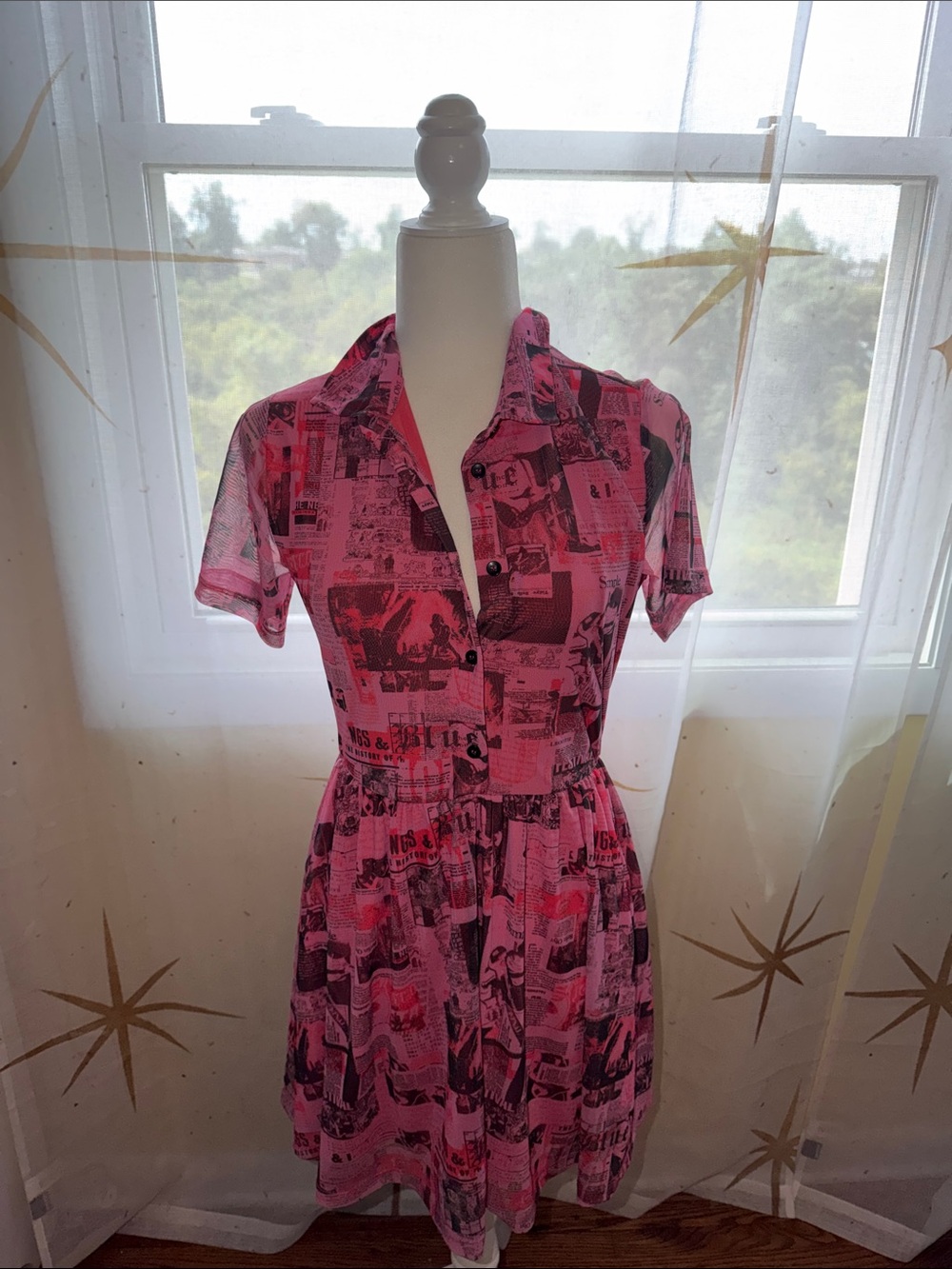 EUC UO Dottie Collared Mini Dress Newspaper Print Mesh Mini Shirt Dress